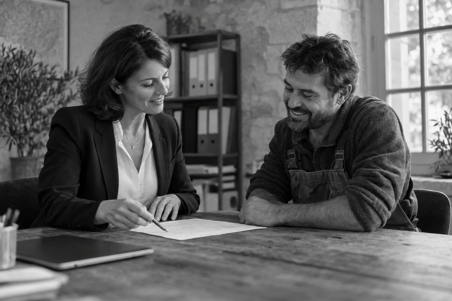 Une experte-comptable et son client artisan relisent un document ensemble, autour d'une table en bois.